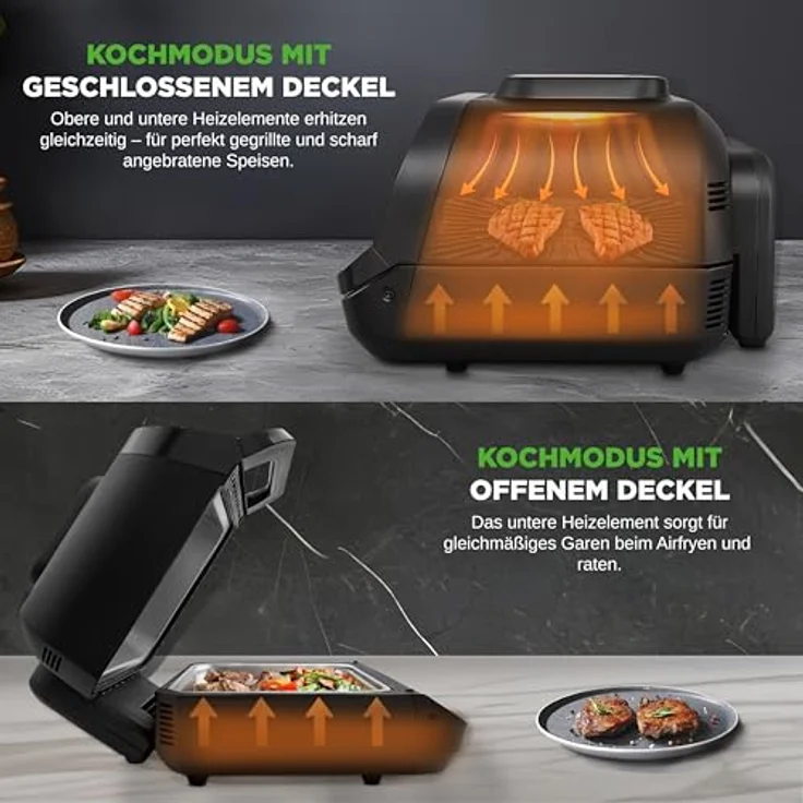 Nutrichef Indoor Smokeless Grill, Smart Grill & Heißluftfritteuse mit 7 Kochfunktionen, 6L Kapazität, Smart-Thermometer, präzise Temperaturkontrolle, abnehmbare Antihaft-Grillplatten – Bild 3