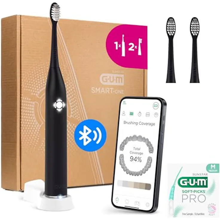 GUM Smart One elektrische Schallzahnbürste | 4 Putzmodi | Wiederaufladbarer Akku | inkl. 2 extra Bürstenköpfe und SOFT-PICKS PRO Probe M | Schwarz