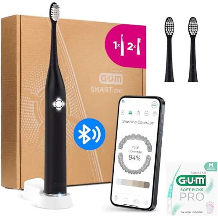 GUM Smart One elektrische Schallzahnbürste | 4 Putzmodi | Wiederaufladbarer Akku | inkl. 2 extra Bürstenköpfe und SOFT-PICKS PRO Probe M | Schwarz – Bild 1