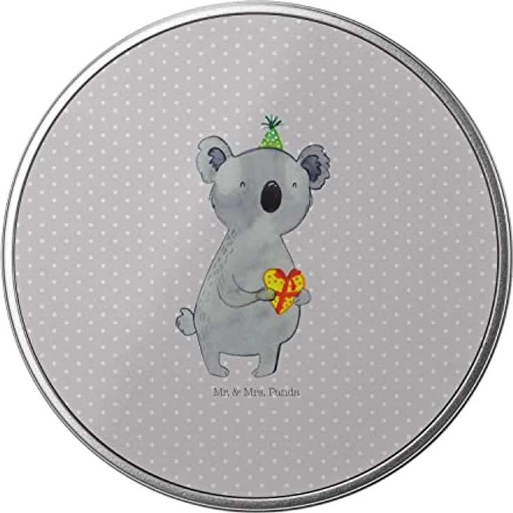 Mr. & Mrs. Panda Blechdose rund Koala Geschenk - Grau Pastell - Vorratsdose 150mm - mit Koalabär Motiv und glänzender Oberfläche – Bild 3