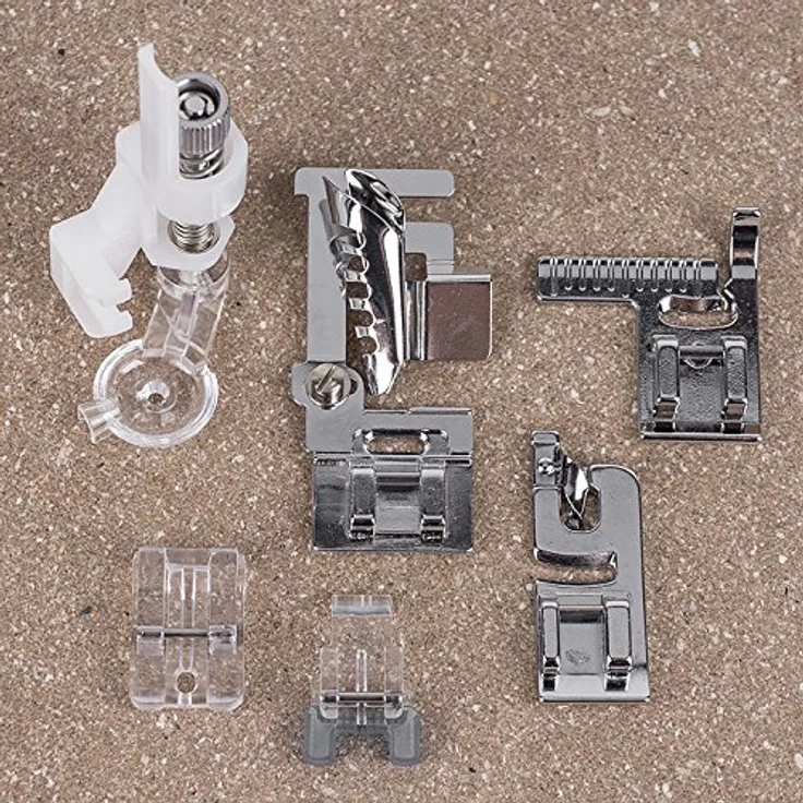 Juki Nähmaschine Nähfußset Heavy User Kit, vielseitige Nähfüße für Kordel- und Bandverarbeitung, Schrägbandeinfasser und Rollsaumfuß – Bild 2