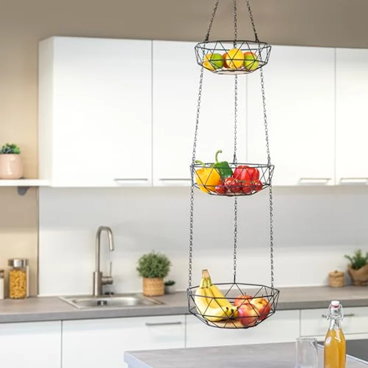 eluno Obstkorb, Hängeampel mit 3 Etagen, schwarzes Metall & Bambus, platzsparend & flexibel, Ø ca. 25/28/31 x 126 cm – Bild 2