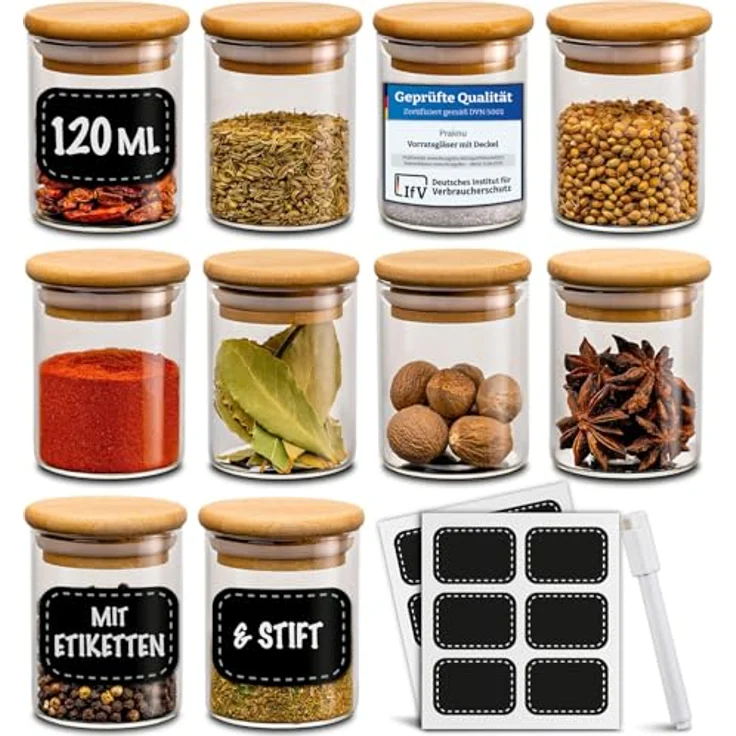 Niboline Gewürzbehälter 10er Set 120ml - Luftdicht - Spülmaschinenfest - Transparente Gewürzgläser für Gewürze und Kräuter – Bild 2