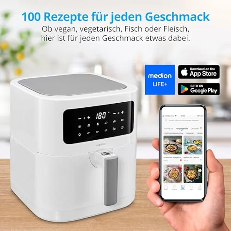 MEDION E40 XL Heißluftfritteuse (5,2 Liter Frittierkorb, 2.150 Watt, 9 Automatikprogramme, Backfunktion, ölfreies Frittieren, Touch Bedienfeld, LED Anzeige) weiß – Bild 2