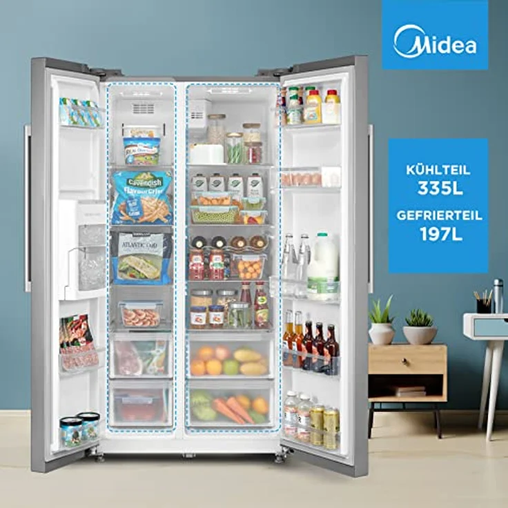 Midea MERS530FGD02 Side-by-Side Kühl-/Gefrierkombination/NoFrost/Inverter Technologie/Indoor Ice Bar/Twin Control/176,5 cm Höhe/335 L Kühlen/197 L Gefrieren/256 kWh/Jahr – Bild 3