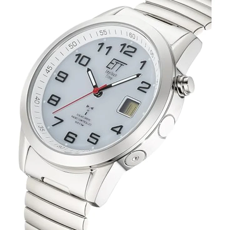 ETT Eco Tech Time EGS-11711-12Z, Herren Solar Funkuhr mit analogem Zifferblatt, Edelstahl Zugband, rotem Sekundenzeiger, wasserdicht bis 5 Bar, digitale Datumsanzeige, bis zu 180 Tage Dunkelgangreserve – Bild 2