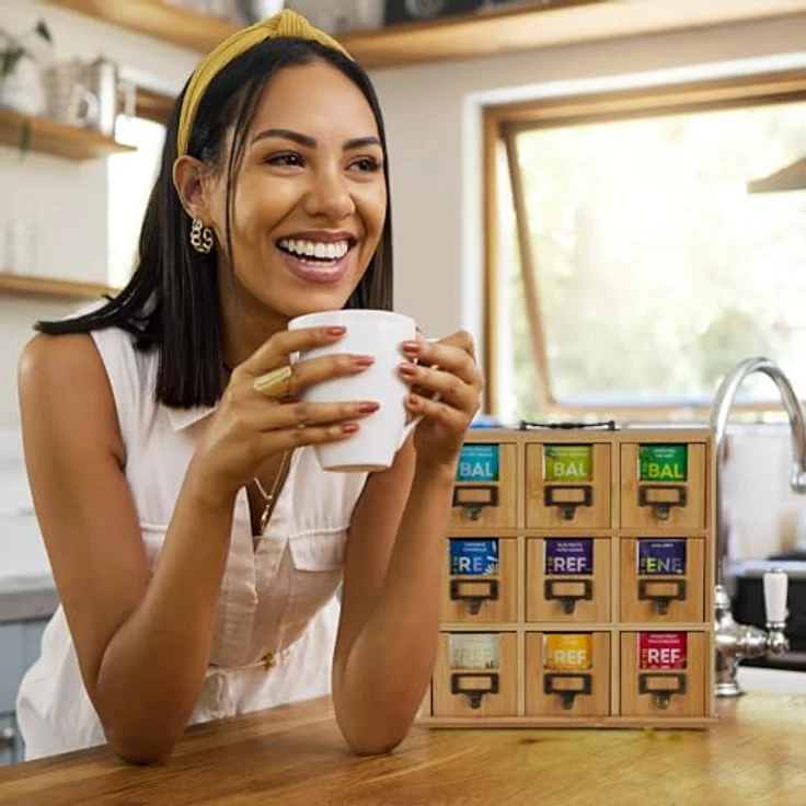 relaxdays Teebox Bambus Tee-Organizer mit 9 Fächern, Naturfarben, ideal zur übersichtlichen Teebeutelaufbewahrung – Bild 3