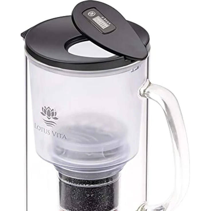 Lotus Vita Glas-Filterkanne Natura Plus - Wasser Karaffe mit Kartusche, Reduziert Kalk Chlor Blei aus Leitungswasser durch Aktivkohle Ionentauscher, BPA-frei, Glas durchsichtig und Anthrazit Deckel – Bild 2