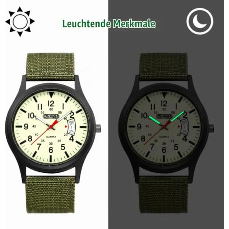 JewelryWe Herrenuhr Militär Quarz Armbanduhr in Olivgrün, 12/24-Stunden Zifferblatt, Leuchtzeiger, Nylonarmband, Spritzwassergeschützt – Bild 5
