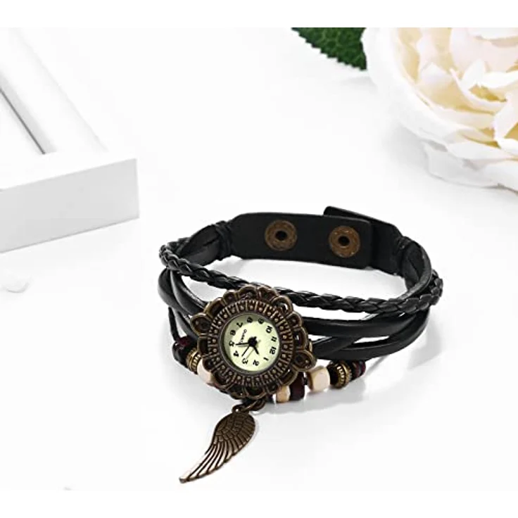 JewelryWe Damen Analog Quarz Armbanduhr mit Retro Feder Engel Flügel und geflochtenem Lederarmband, Schwarz – Bild 3
