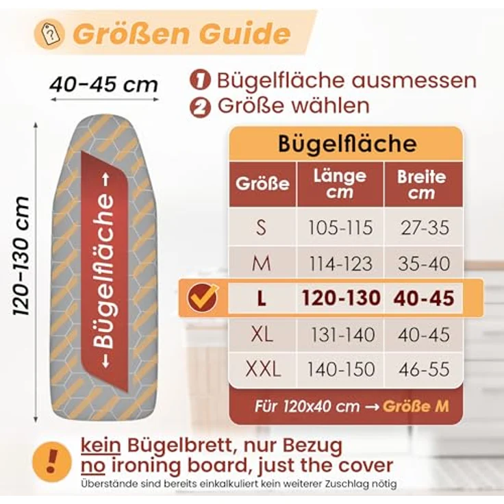 arteneur® Bügelbrettbezug 130x45, Hitzereflektierend mit Gummizug, OEKOTEX100, 5 Größen, Polsterung, für Dampfbügelstation und Dampfbügeleisen, Grau-Weiß – Bild 2