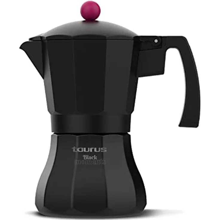 Taurus Black Moments 6, Italienische Kaffeemaschine für 6 Tassen, Edelstahlbasis und -filter, Sicherheitsventil, Silikondichtung, für alle Herdarten, transparenter Deckel, Schwarz