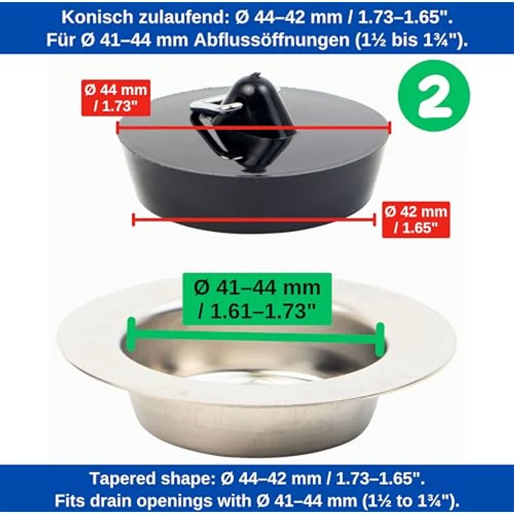 Universal Stöpsel für Spülen, Waschbecken, Duschen und Waschtische, Ø 44 mm - 42 mm Oberseite auf Unterseite, 2er Set, schwarz, Gummi, Ablauf Stopfen – Bild 5