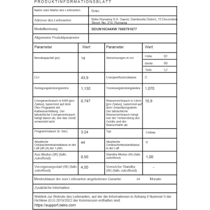 Beko BDUN16O44XW Unterbau-Geschirrspüler 60 cm, für 14 Maßgedecke, Quick&Shine-Programm, SelfDry-Funktion, Energieeffizienzklasse C, 44 dB(A) – Bild 11