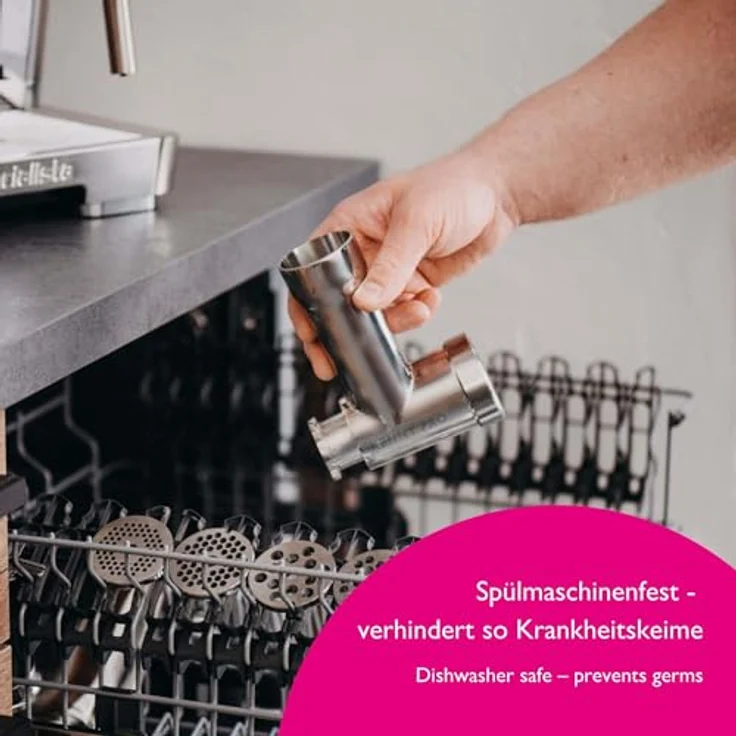 Kitty Professional Fleischwolf SCHREDDER PRO 2.0, Edelstahl-Fleischwolf mit 4 Lochscheiben, Wurstfüllhorn und Spritzgebäckvorsatz, kompatibel mit KitchenAid – Bild 5