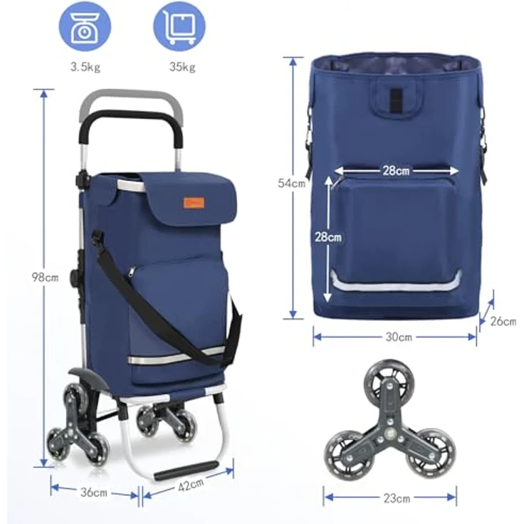 Sekey XXL Einkaufstrolley Treppensteiger, 3-in-1 Aluminium Trolley mit Höhenverstellbarem Griff, Kühlfach und Getränkefach, Blau – Bild 3