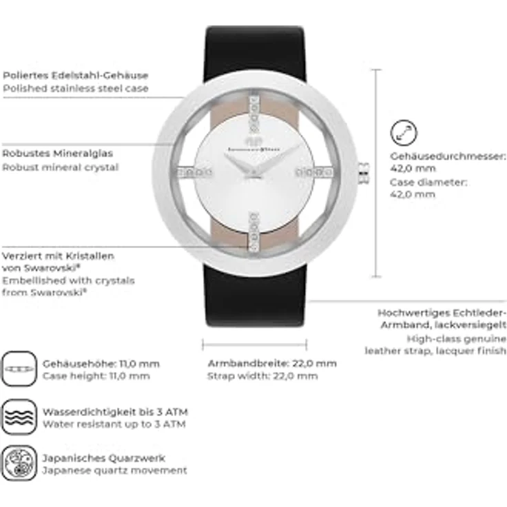 Rhodenwald & Söhne Lucrezia Damenuhr Edelstahl Silber 3 ATM mit Swarovski® Kristallen, Lederarmband Schwarz Fashionuhr Skeletonoptik – Bild 2