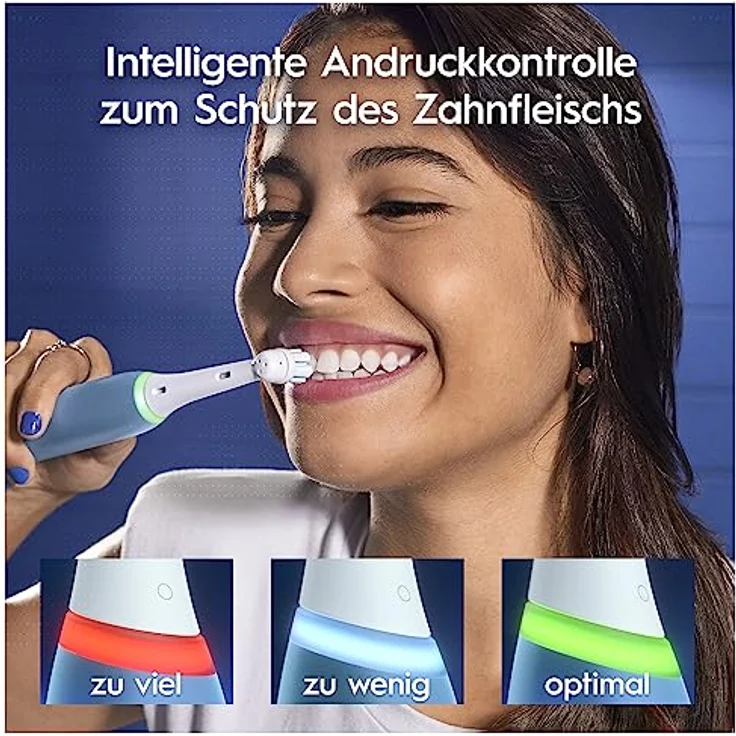 Oral-B iO Series 4 Teens Elektrische Zahnbürste/Electric Toothbrush, 4 Putzmodi inkl. Sensitiv & Bluetooth-App für Zahnpflege, Ortho-Care Aufsteckbürste für Zahnspangen, Designed by Braun, weiß/blau – Bild 5