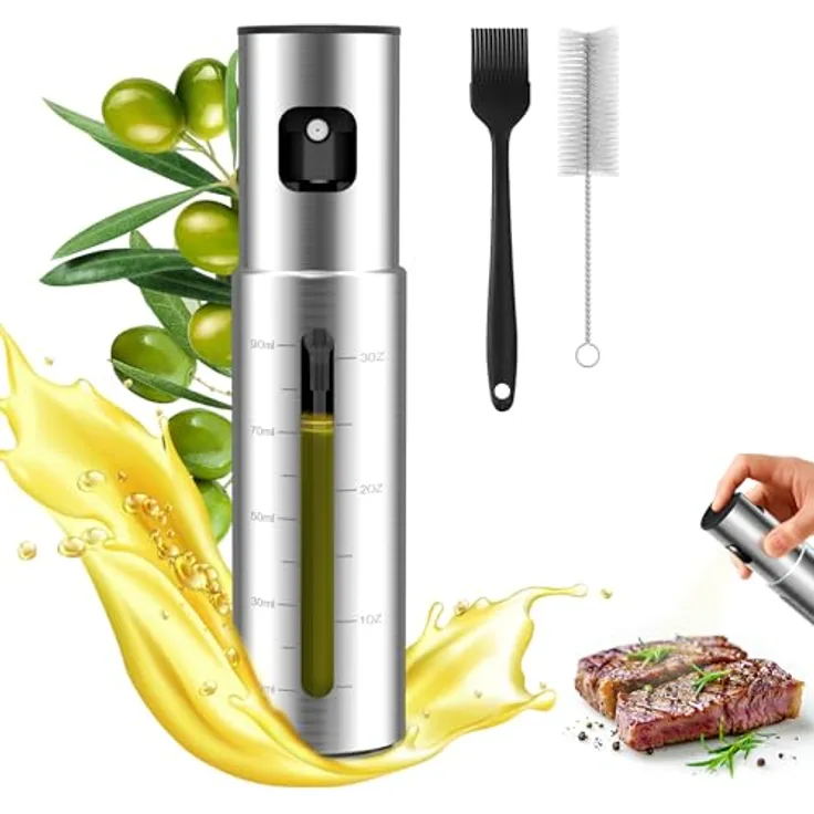 KitchenBoss Ölsprüher Edelstahl, 100ml für Heißluftfritteuse, inkl. Reinigungsbürste und Ölbürste, ideal für Salat, Grillen und Backen