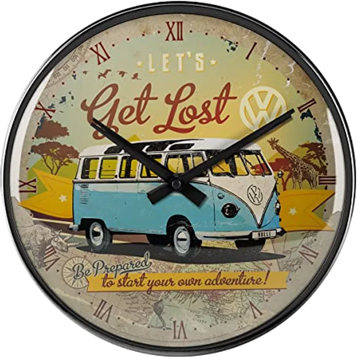 Nostalgic-Art Retro Wanduhr, Ø 31 cm, VW Bulli – Let's Get Lost – Volkswagen Bus Geschenk-Idee, Große Küchenuhr, Vintage Design