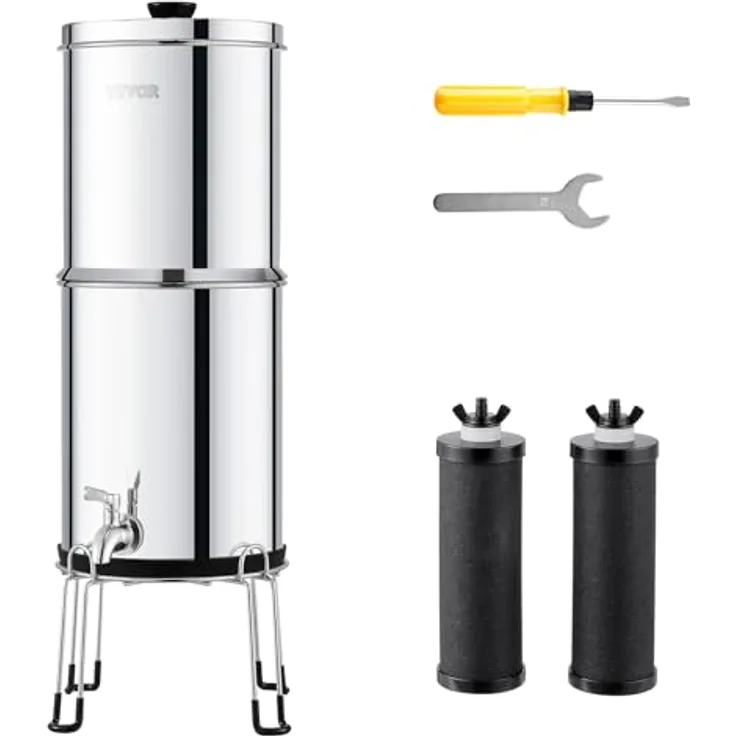 VEVOR Schwerkraft-Wasserfiltersystem, 304 Edelstahl, 2,25 Gallonen, reduziert Blei und bis zu 99 % Chlor, mit 2 Kohlefiltern und Zapfhahn