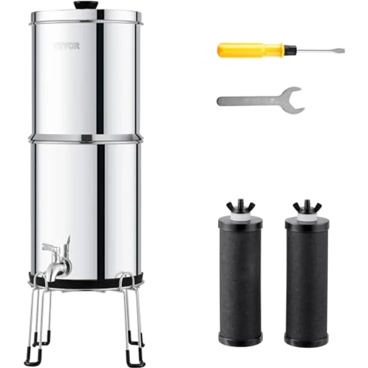 VEVOR Schwerkraft-Wasserfiltersystem, 304 Edelstahl, 2,25 Gallonen, reduziert Blei und bis zu 99 % Chlor, mit 2 Kohlefiltern und Zapfhahn – Bild 1