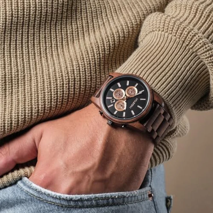 HOLZKERN Herrenuhr Quarz Chronograph Buschwerk Walnuss/Marmor, schwarzes Zifferblatt, braunes Holzarmband mit Kalenderfunktion – Bild 5