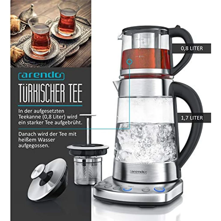 Arendo Glas Wasserkocher mit Temperatureinstellung und Teesieb sowie Aufsatz - Türkischer Teekocher - Edelstahl - Temperaturen 70, 80, 100 Grad - 1,7 Liter - 2400 Watt - Abschaltautomatik – Bild 5