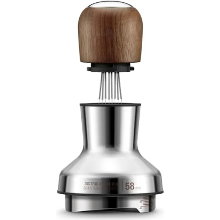 Sage The Distribution Duo 58, Selbstnivellierender Tamper aus Edelstahl und Walnussholz, kompatibel mit 58-mm-Sage-Filtern