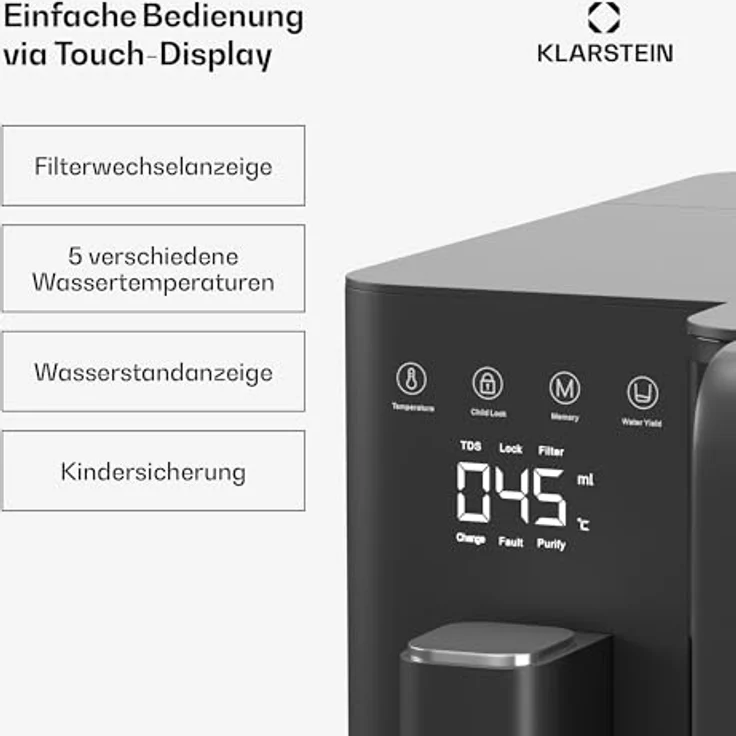 Klarstein VitalPour Osmoseanlage - 5-Stufen Umkehrosmosefiltration, Heißwasser in 3 Sek., 5L Tank & 1,5L Krug, 5 Temperaturstufen, Touch-Display, Kindersicherung, Einfacher Einbau – Bild 7