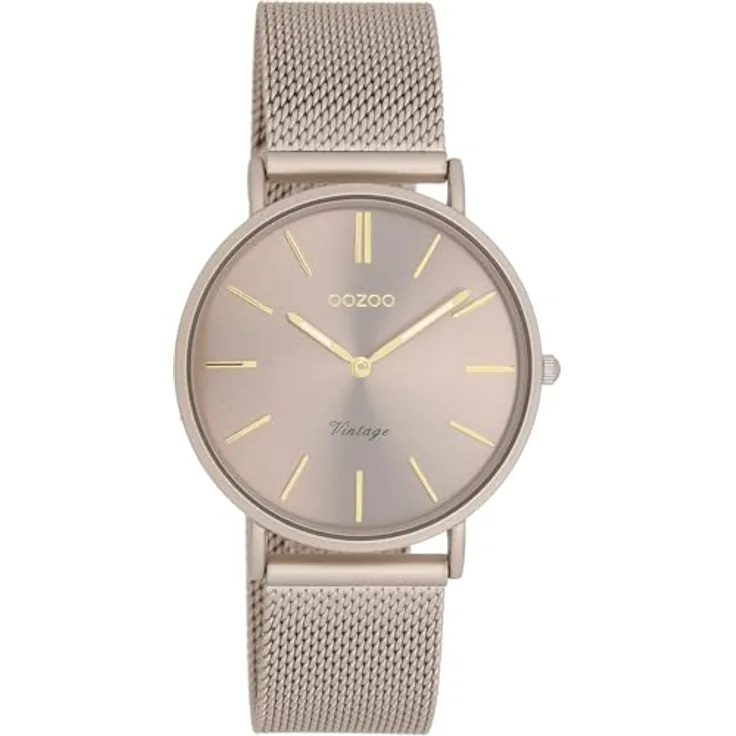 Oozoo Vintage Damen Uhr Taupe/Gold | Moderne Armbanduhr mit Mesharmband für Frauen | Edle Analog Damenuhr in rund C20337 (36mm Gehäuse)