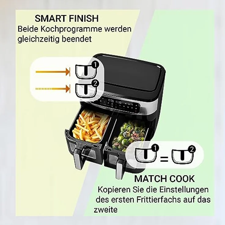 Venga! Doppel-Heißluftfritteuse, 2x 4,5 L Fassungsvermögen, 9 voreingestellte Kochprogramme, innovative Match Cook & Smart Finish Funktionen, 2 600 W, Schwarz/Silber, VG AFT 3008 – Bild 5