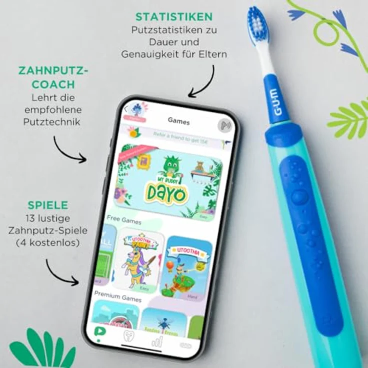 GUM Playbrush JUNIOR 6+ elektrische Zahnbürste | Interaktive Spiel-App | 2 Putzmodi | Extra weiche Borsten | 8 Wochen Akku | Timer | 1x Schallzahnbürste, wiederaufladbar | 2 extra Bürstenköpfe | Blau – Bild 3