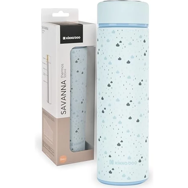 KikkaBoo Savanna, Thermoskanne für Babys, 500 ml Edelstahl, lekfrei mit Teesieb, für heiße und kalte Getränke, blau – Bild 1