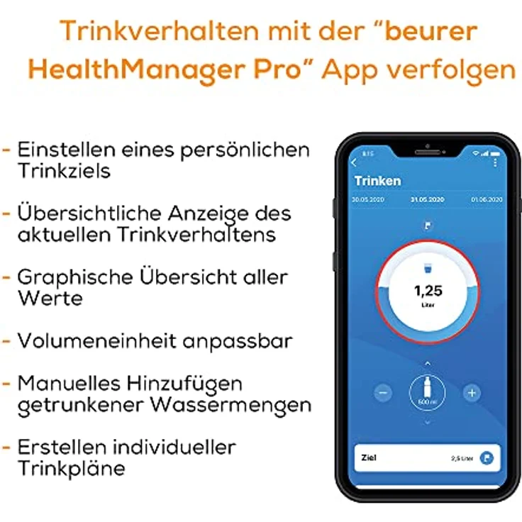 Beurer DM 20 Trinkmanager zur Messung, Analyse und Verbesserung der täglichen Flüssigkeitszufuhr, mit farbiger LED-Anzeige und App – Bild 5