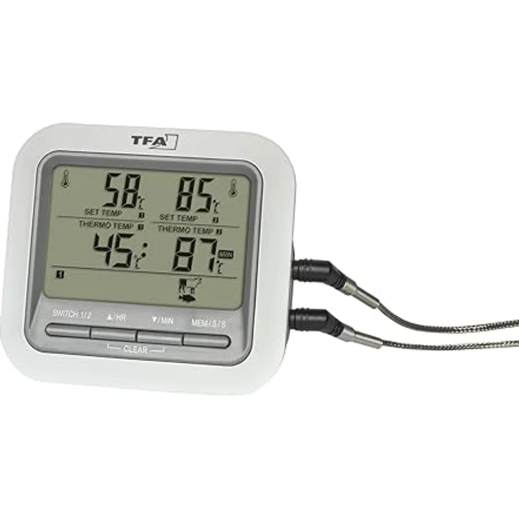 TFA Dostmann Digitales Grill-Thermometer 14.1516, Bratenthermometer mit 2 Edelstahlsonden, bis 300°C, mit Alarmfunktion für Fleisch, Fisch, weiß – Bild 3