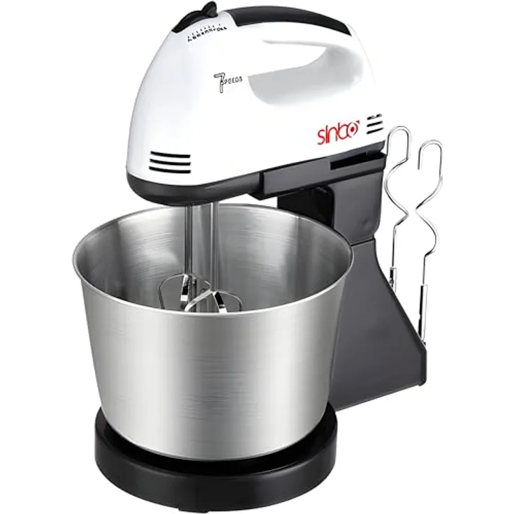 Retoo Handmixer mit Schüssel, Handrührer, Eierschläger, 100W, 220V, 7 Stufen, Leicht, Leise, Handrührgerät, Turbotaste, Rührmixer, Rührbesen, Geschwindigkeitsschalter, Knethaken, Weiß, Silber