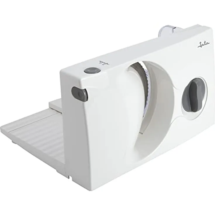 Jata JECF0300 Allesschneider mit Abnehmbarer 170 mm Edelstahlscheibe, Schneidregler von 0 bis 15 mm, zusammenklappbar, rutschfeste Unterseite, einfache Reinigung, Anti-Rutsch-Sicherheit, 150 W, Weiß