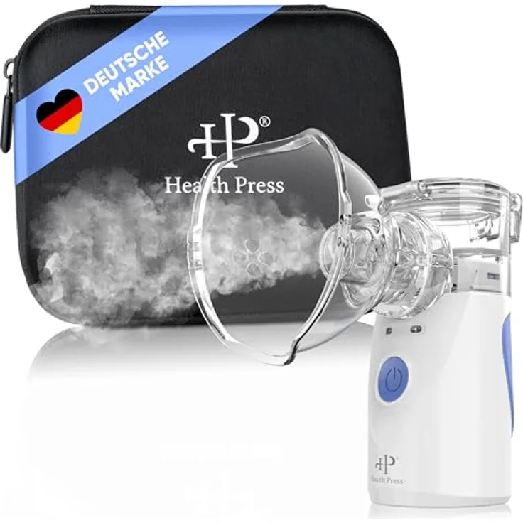 Health Press Inhalationsgerät – Tragbares, Reisetaugliches Inhaliergerät für Erwachsene & Kinder – Leiser Vernebler für effektive Inhalation, inkl. Aufbewahrungsbox, Mundstück, Masken & USB-Kabel