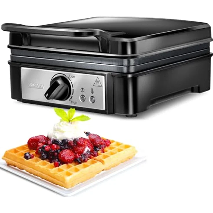 MPM MGO-24 Professionelles Waffeleisen für 2 Dicke belgische Waffeln, Antihaftplatten, automatische Temperaturregelung, schwarz, 1400W – Bild 2