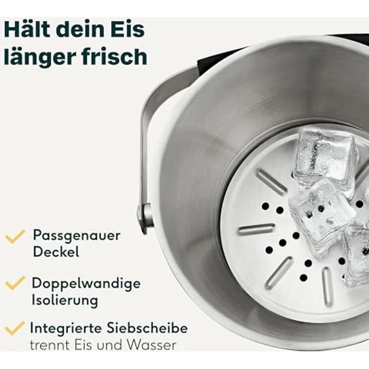 SILBERTHAL Eiswürfelbehälter Edelstahl 3L, Doppelwandig Isoliert mit Deckel & Zange, Eiskübel für Cocktails, Wein und Sekt – Bild 4