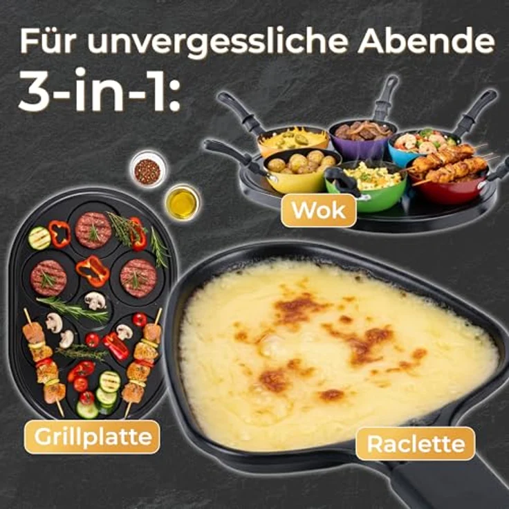 KLAMER Raclette-Wok 1200 W – Raclette Grill mit 6 Wokpfännchen, 8 Raclettepfännchen, Antihaftbeschichtung, stufenloser Temperaturregler, inkl. Holzspatel & digitalem Rezeptbuch – Bild 4