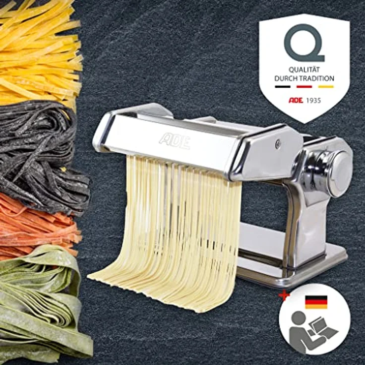 ADE Nudelmaschine Edelstahl, manuelle Pastamaschine mit 7 Teigstärken, für Lasagneplatten, Spaghetti und Fettuccine, inklusive Trockner und Borstenpinsel – Bild 7