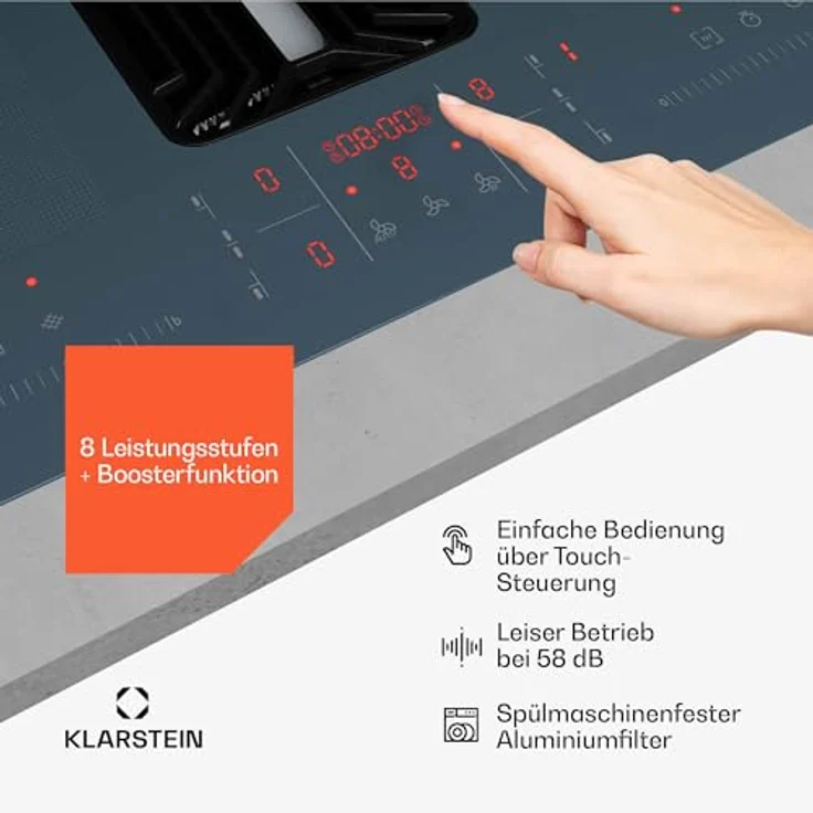 Klarstein AirJet FlexPro Induktionskochfeld mit Dunstabzug - A++ Effizienz, 750 m³/h Luftstrom, 14 kW Leistung, 58 dB, Touch-Steuerung, Flex-Zone, Anthrazit – Bild 5