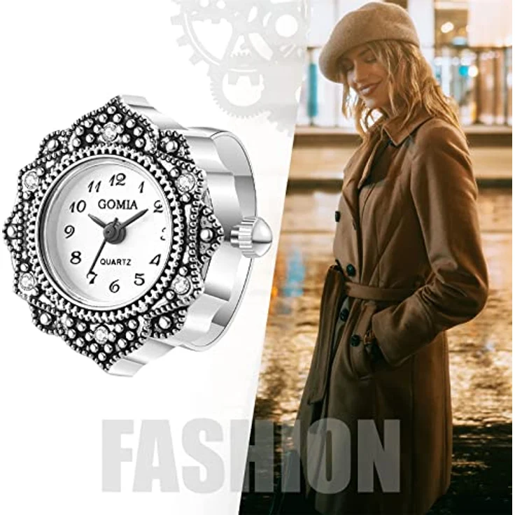 JewelryWe 2pcs Ringuhr Fingeruhr Damen, Analog Quarz, Retro Geschnitzt Blumen, Edelstahl, Verstellbar, Wasserfest, Silber Gehäuse – Bild 4