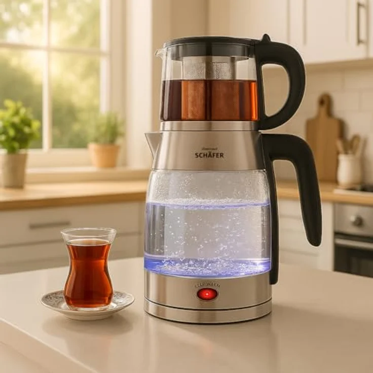 Elektronik SCHÄFER Teekocher Glas-Teekocher 1,8/0,8 Liter Schwarz/Silber - Wasserkocher mit Warmhaltefunktion bis 85°C und verdecktem Heizelement – Bild 2