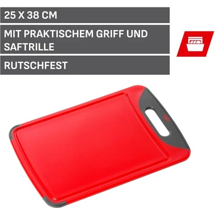 Silit Schneidebrett 38 x 25 cm rechteckig, Kunststoff, Tranchierbrett mit Saftrillen, praktischer Griff, spülmaschinengeeignet, klingenschonend, rot – Bild 3