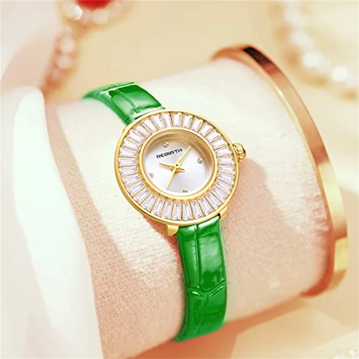 JewelryWe Damenuhr Quarz Analog, Elegant Trapezförmig mit Kristallen, Echtleder Armband, 30m Wasserdicht, Grün – Bild 4