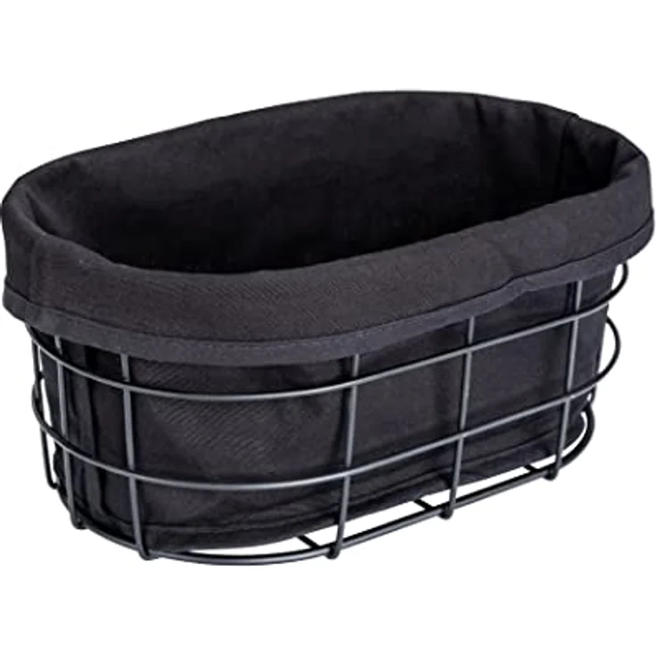 WENKO Brotkorb Bela, Black Outdoor Kitchen Korb für Brot, Brötchen und Baguette aus pulverbeschichtetem Metall mit herausnehmbarer, waschbarer Einlage aus 100 % Baumwolle, 27 x 17 x 11,5 cm, Schwarz – Bild 1