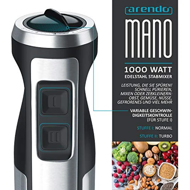 Arendo Stabmixer 1000 Watt Edelstahl - vierflügeliges Messer - Pürierstab - stufenlose Geschwindigkeitsregelung - Turbotaste - abnehmbarer Mixfuß - GS-zertifiziert – Bild 3